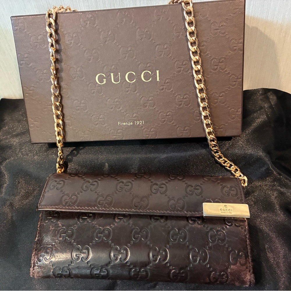 Gucci Dark Brown Leather Wallet with Gold Chain